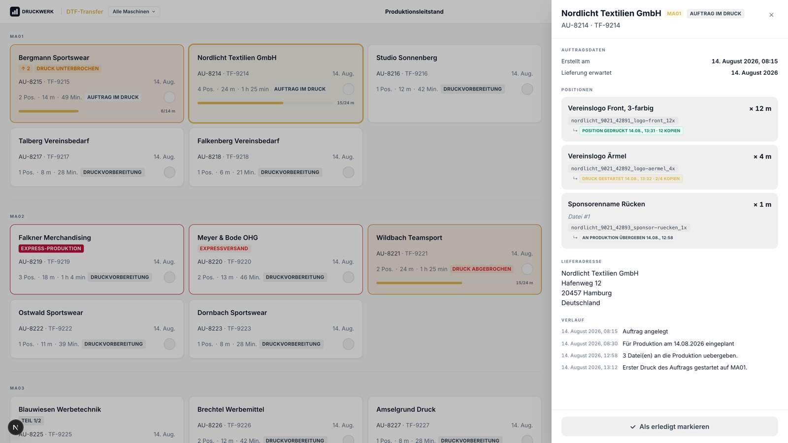 Auftragsdetail im Produktionsleitstand mit Marker-Kette: an Produktion übergeben, Druck gestartet, Kopien gedruckt, Position fertig